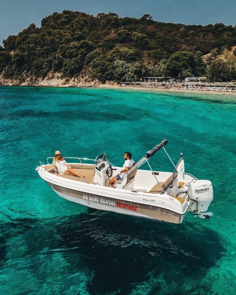 GR Boat Rental Skiathos Boat Hire Skiathos Rent Karel Ithaca Boat Rental Skiathos: No license required! A reliable 6m vessel for 7 people. Easy to drive, 30/50hp engine, and fully equipped for a day at sea.