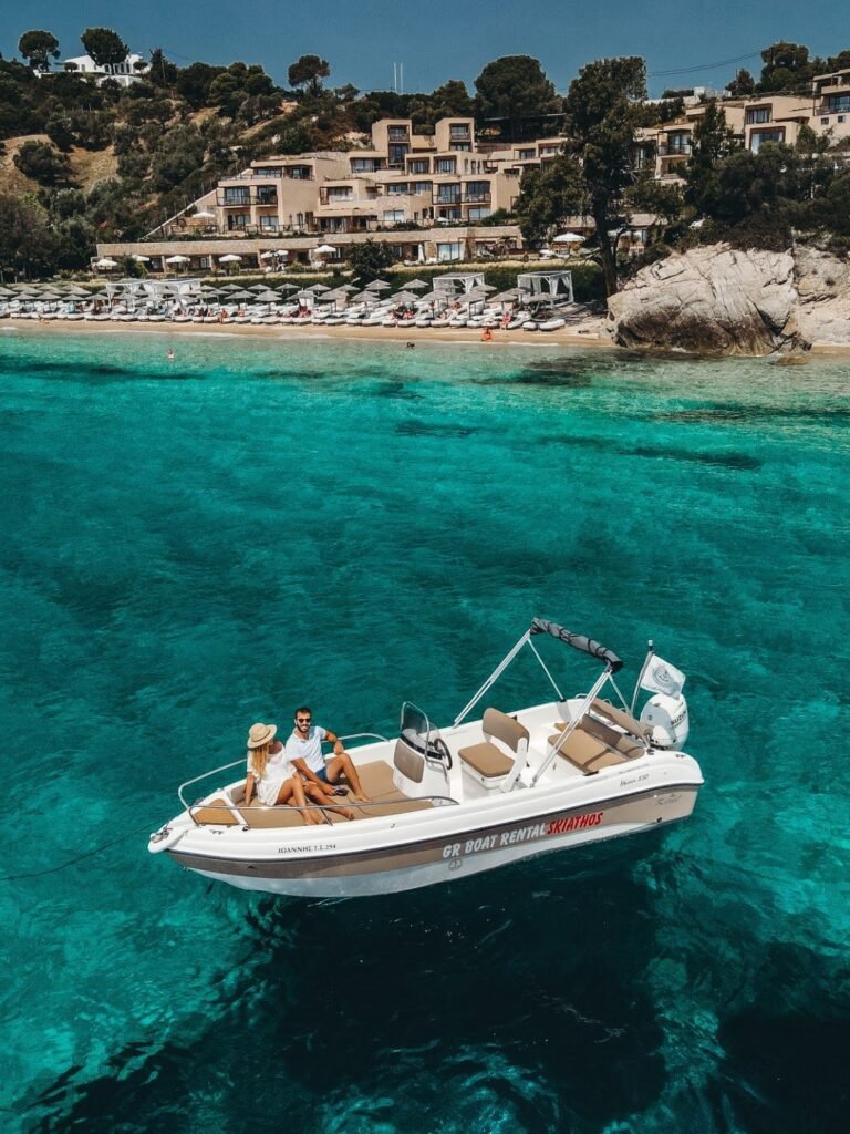 GR Boat Rental Skiathos Boat Hire Skiathos Rent Karel Ithaca Boat Rental Skiathos: No license required! A reliable 6m vessel for 7 people. Easy to drive, 30/50hp engine, and fully equipped for a day at sea.