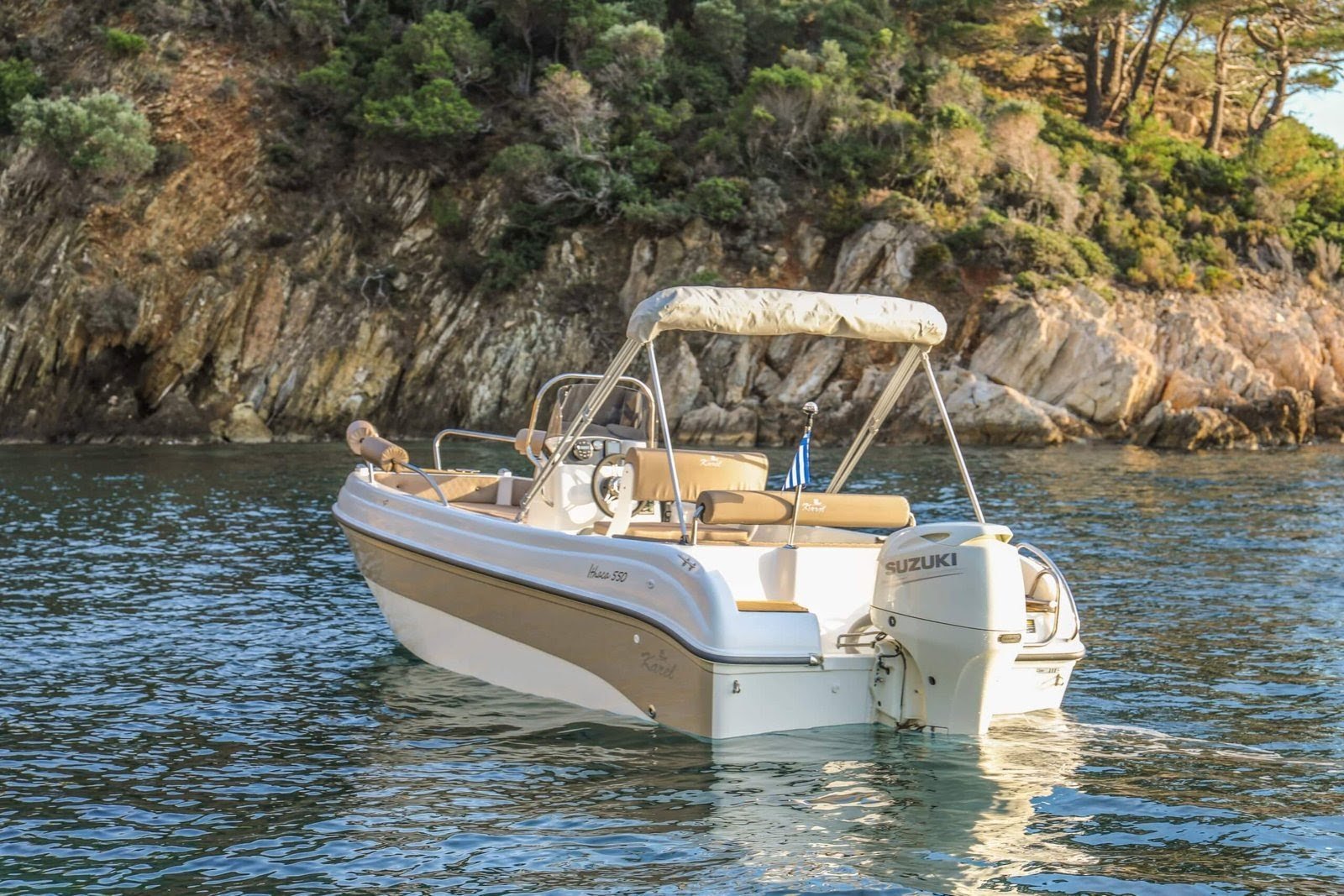 GR Boat Rental Skiathos Boat Hire Skiathos Rent Karel Ithaca Boat Rental Skiathos: No license required! A reliable 6m vessel for 7 people. Easy to drive, 30/50hp engine, and fully equipped for a day at sea.