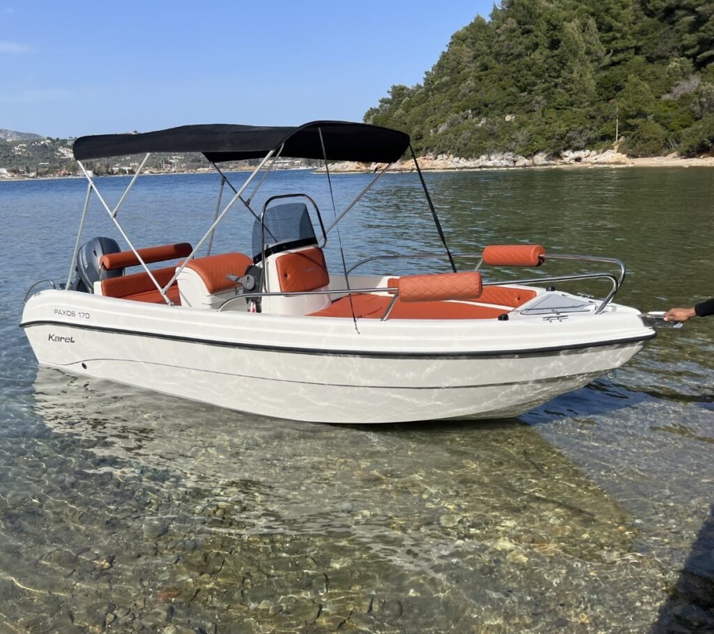 GR Boat Rental Skiathos Boat Hire Skiathos Experience effortless cruising with the Karel Deluxe 2023 in Skiathos. Premium 5m boat for 4 people with electric trim, Yamaha 30/40hp engine, and no licence required!