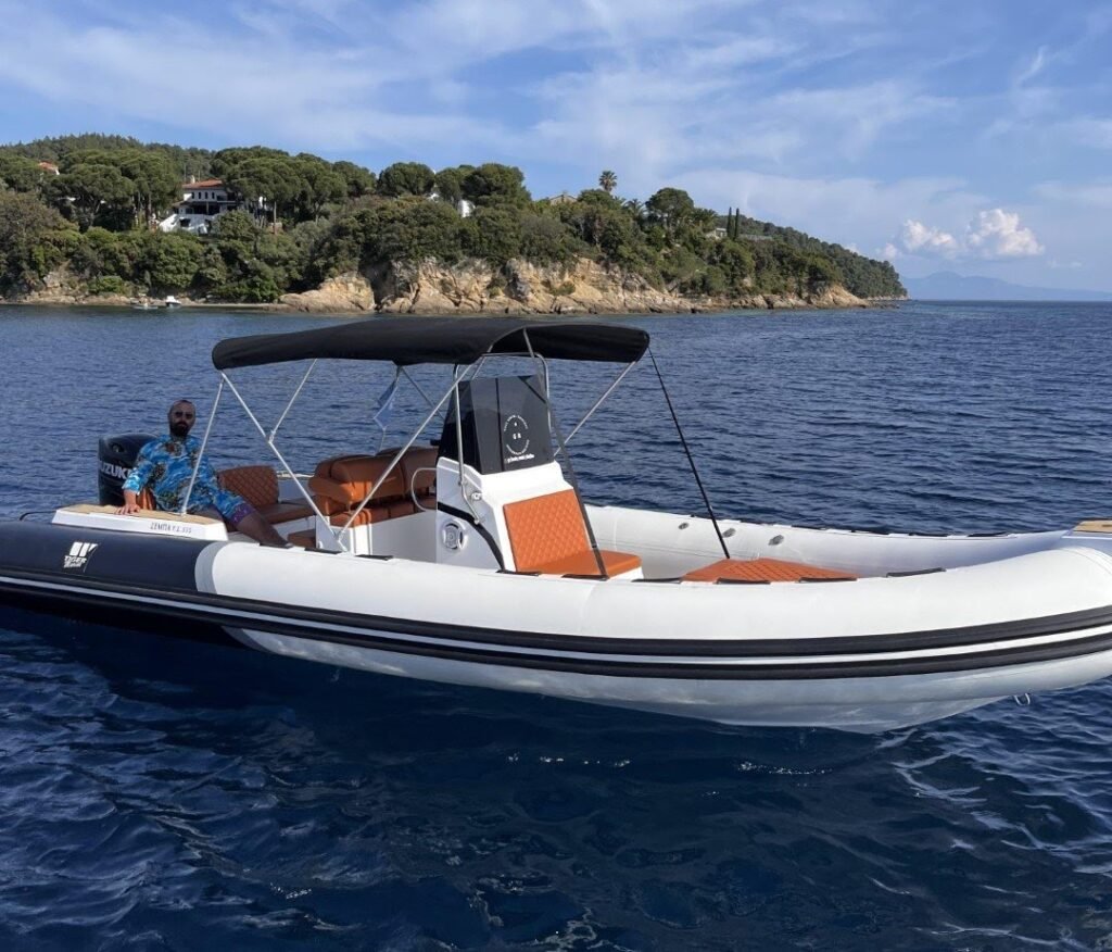 GR Boat Rental Skiathos Boat Hire Skiathos Tiger Marine Proline 740 Rental Skiathos: Professional-grade 7.6m RIB for 9 guests. 200HP power, deep-V hull, and premium cushions. The fastest, most stable way to explore Skiathos in style!
