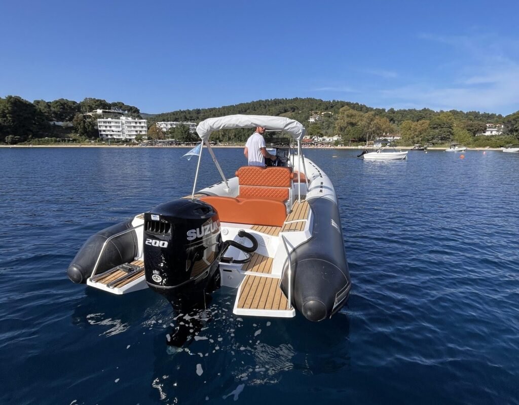GR Boat Rental Skiathos Boat Hire Skiathos Tiger Marine Proline 740 Rental Skiathos: Professional-grade 7.6m RIB for 9 guests. 200HP power, deep-V hull, and premium cushions. The fastest, most stable way to explore Skiathos in style!