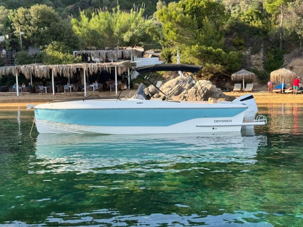 GR Boat Rental Skiathos Boat Hire Skiathos Experience the Karel ODYSSEA Premium 2025 in Skiathos. 300HP engine, 10-person capacity, and ultra-comfort cushions. The most comfortable and powerful group boat in Skiathos.